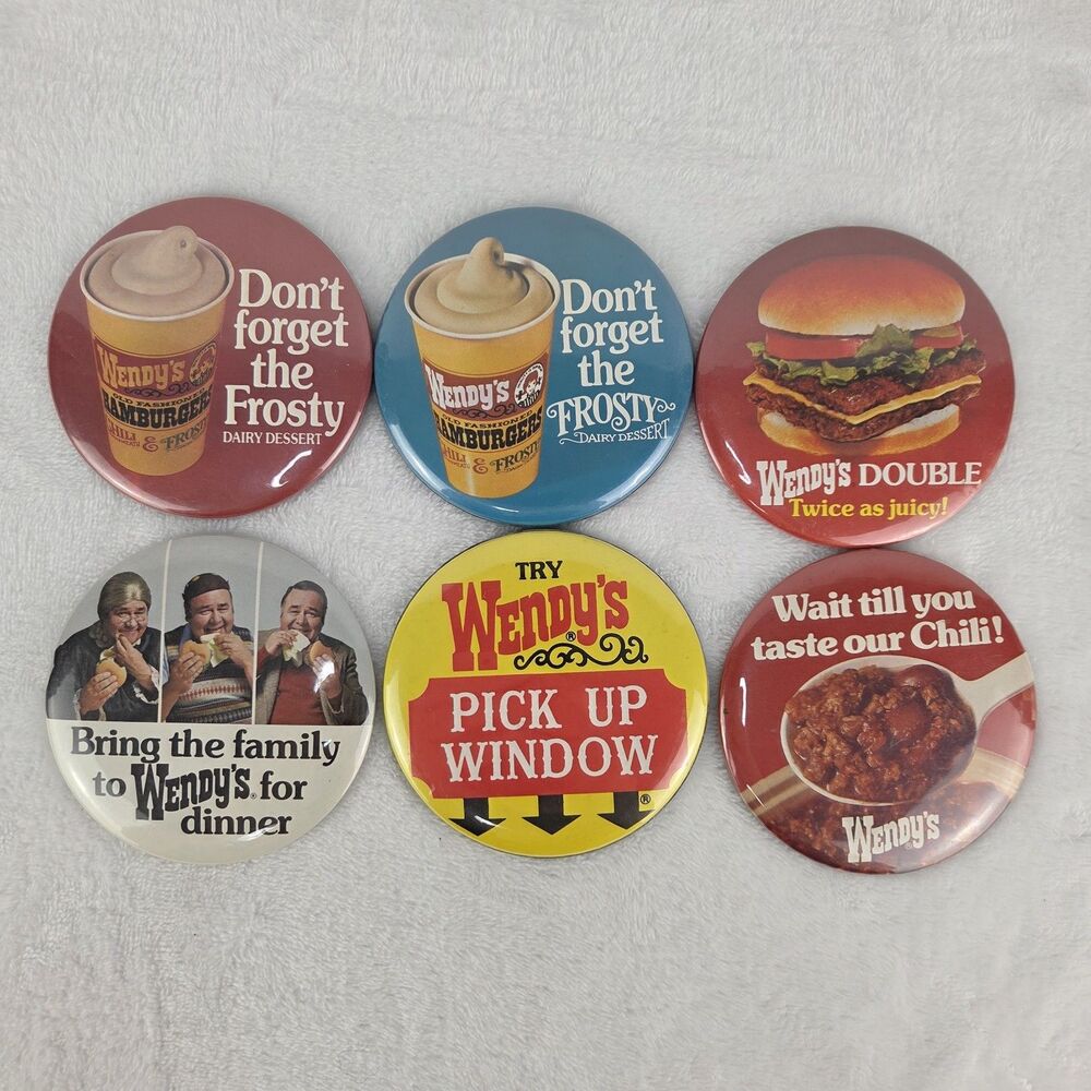 Lot 6 Vintage Wendy's Employee Advertising Pinback Buttons Frosty Chili 3.5"